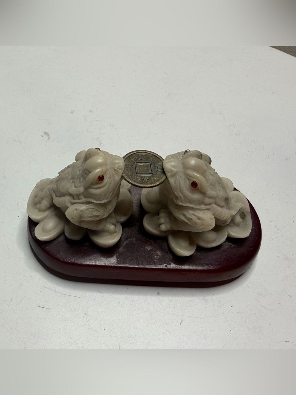 White Jade Two-Toad Figurine on Mahogany Base - Home Accent